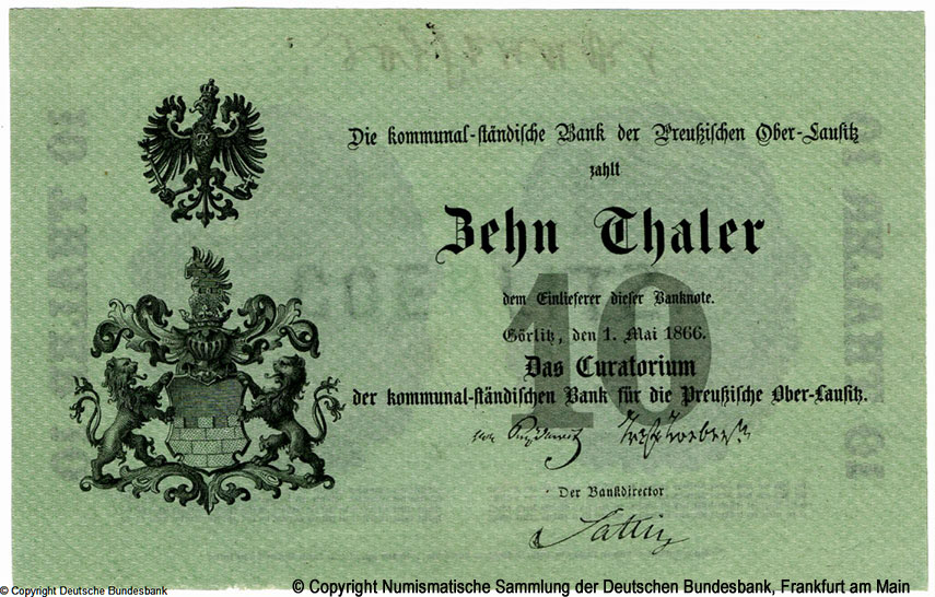 Kommunalständische Bank für die preußische Oberlausiz 10 Thaler. 1866.