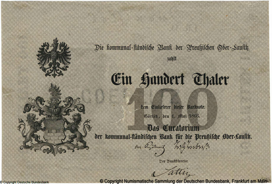 Kommunalständische Bank für die preußische Oberlausiz 100 Thaler. 1866.