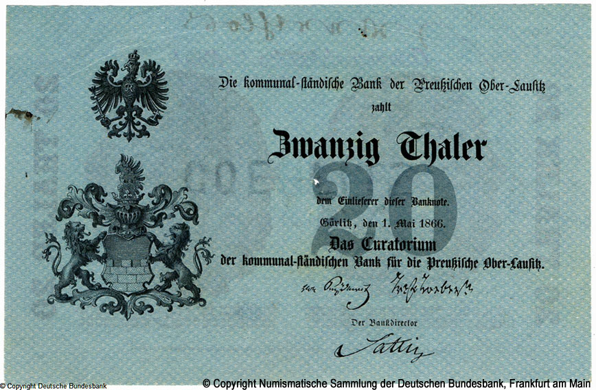 Kommunalständische Bank für die preußische Oberlausiz 20 Thaler. 1866.