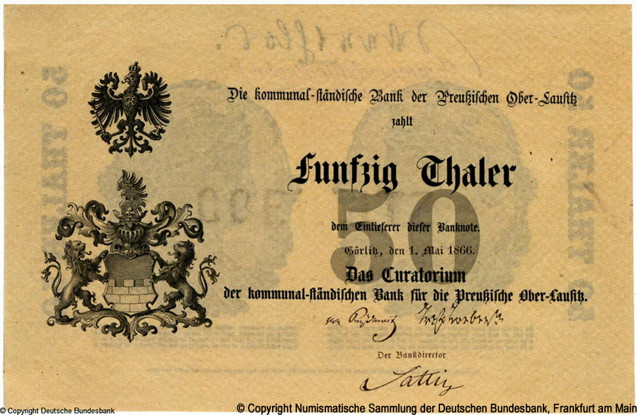 Kommunalständische Bank für die preußische Oberlausiz 50 Thaler. 1866.