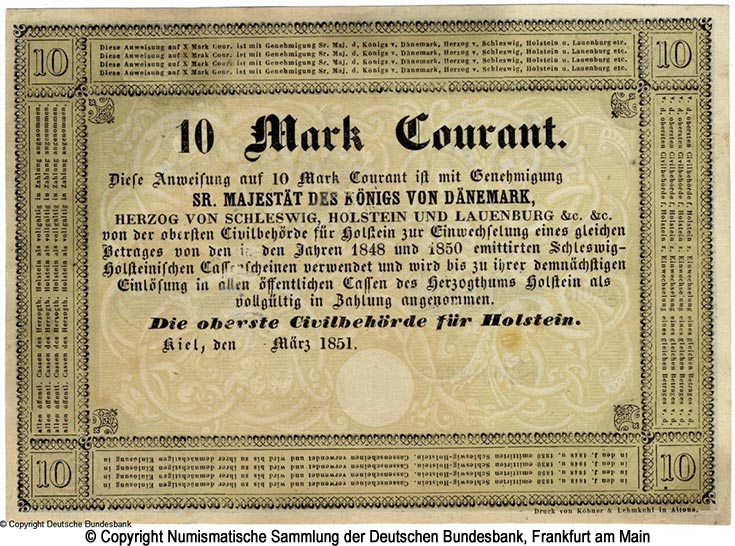 Oberste Civilbehörde für Holstein 10 Mark Courant 1851