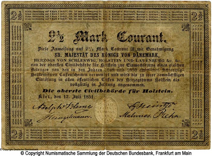 Oberste Civilbehörde für Holstein 2 1/2 Mark 1851