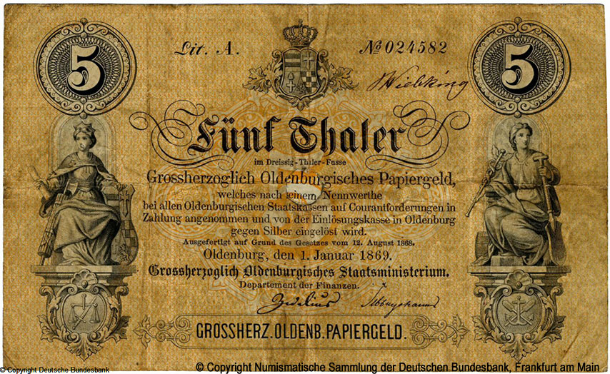 Grossherzoglich Oldenburgisches Staatsministerium 5 Thaler 1869