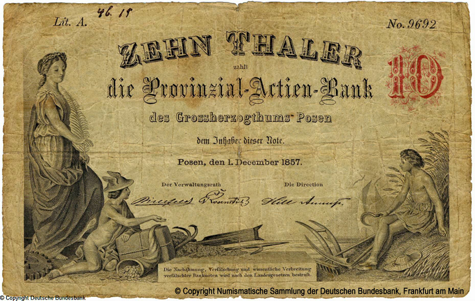 Provinzial-Actien Bank des Großherzogtums Posen 10 Thaler 1857