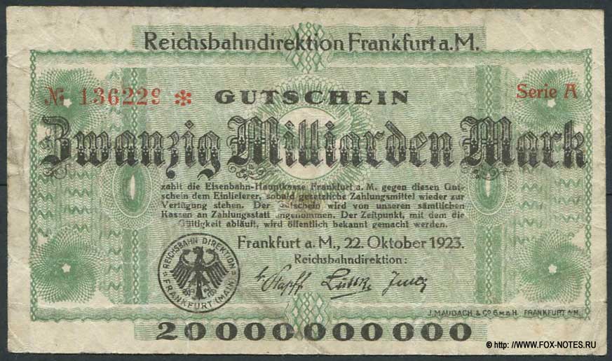 Reichsbahndirektion Frankfurt am Main 20 Milliarden Mark 1923