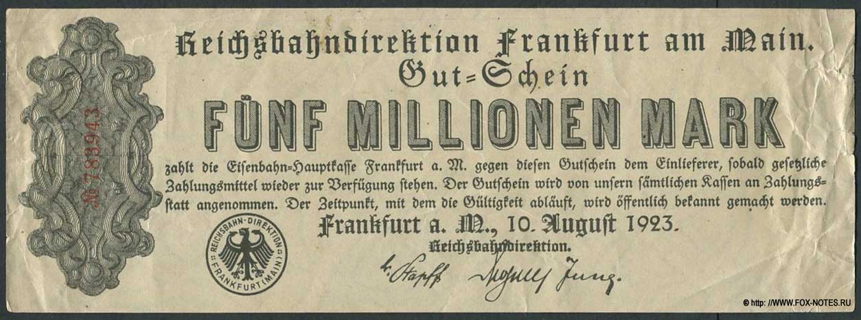 Reichsbahndirektion Frankfurt am Main 5 Millionen Mark 1923