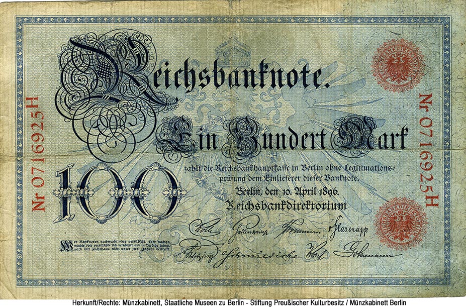   (Reichsbanknote) 100  10. April 1896.  Blauer Hunderter.