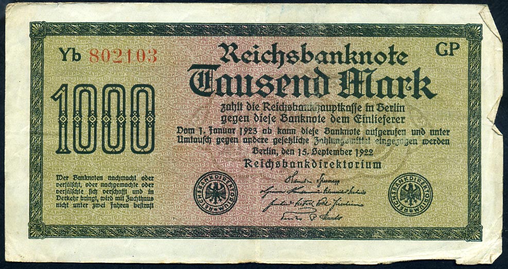 Reichsbanknote. 1000 Mark. 1922. FZ - GP (Pass & Garleb, Berlin)