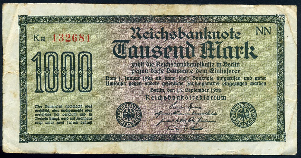 Reichsbanknote. 1000 Mark. 1922. FZ -  NN (E. Nister, Nürnberg)