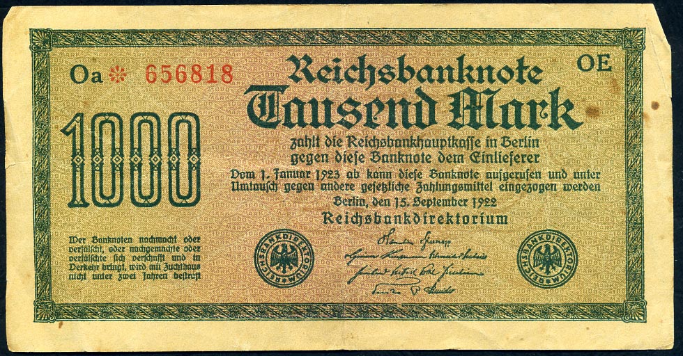 Reichsbanknote. 1000 Mark. 1922. FZ -  OE (Otto Elsner, Berlin)