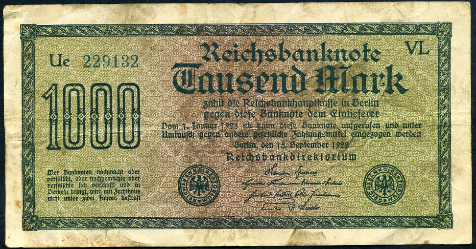 Reichsbanknote. 1000 Mark. 1922. FZ -  VL (W. Vobach & Co, Leipzig)