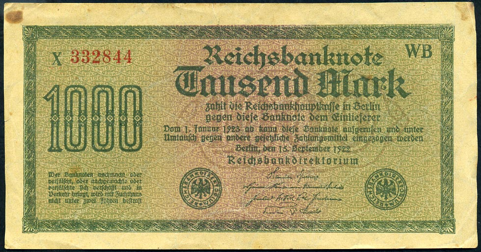 Reichsbanknote. 1000 Mark. 1922. FZ -  WB (z. T. G. Westermann, Braunschweig)