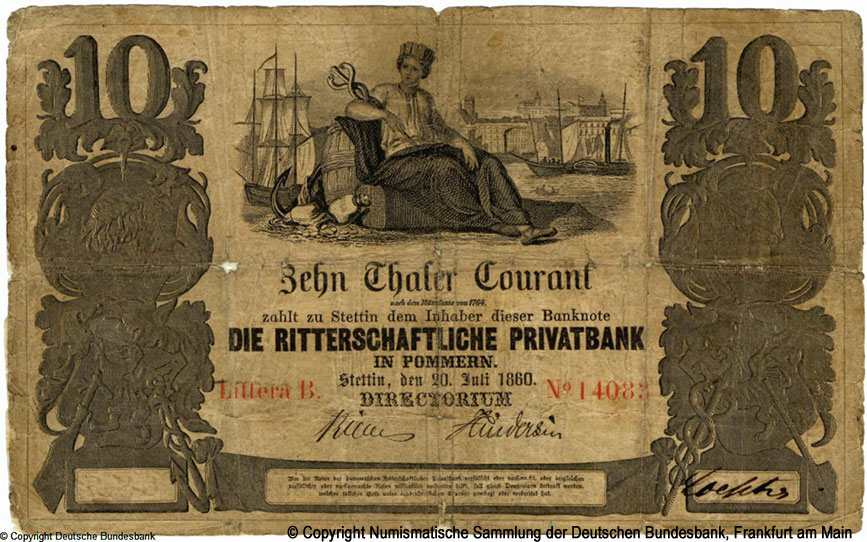 Ritterschaftliche Privatbank in Pommern, Stettin 10 Thaler Courant 1860