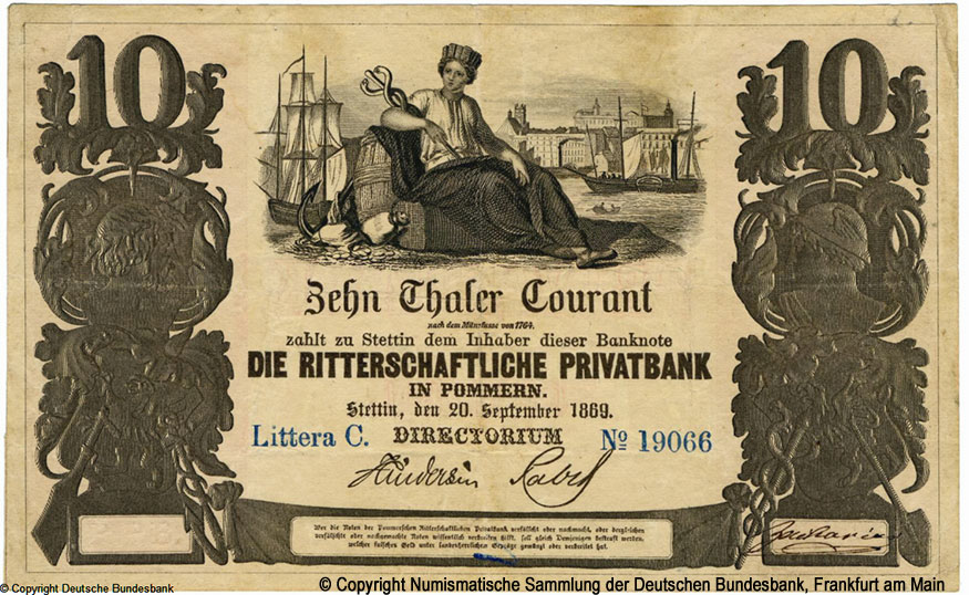 Ritterschaftliche Privatbank in Pommern, Stettin. 10 Thaler Courant 1869
