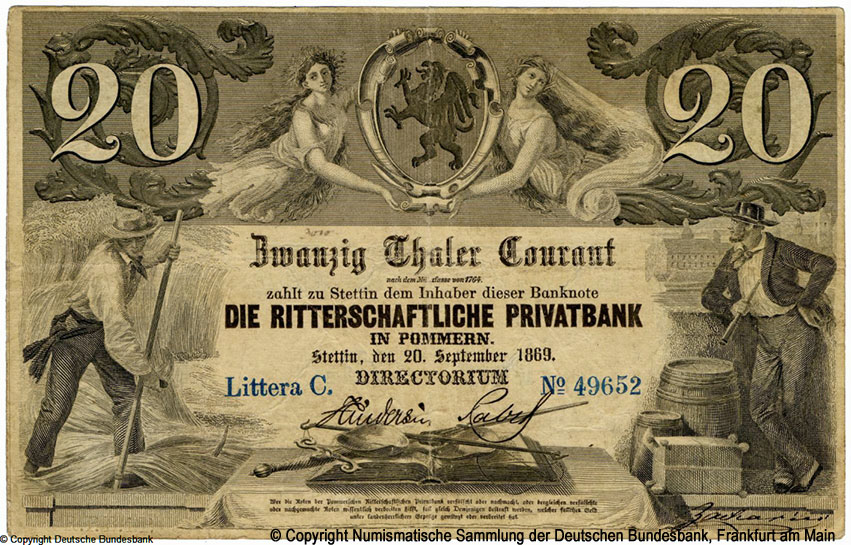 Ritterschaftliche Privatbank in Pommern, Stettin. 20 Thaler Courant 1869