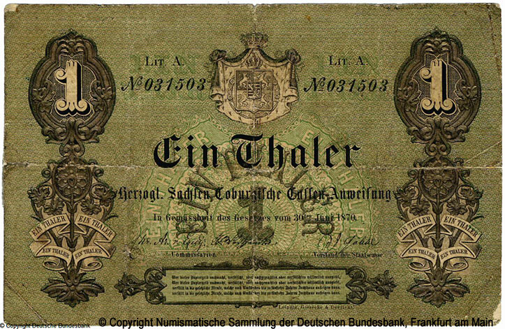 Herzogtümer Sachsen-Coburg und Gotha Obersteuerkommission 1 Thaler 1870