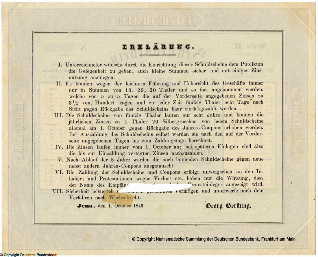 Georg Gerstung - Jena / Schuldschein 50 Taler 01.10.1849 