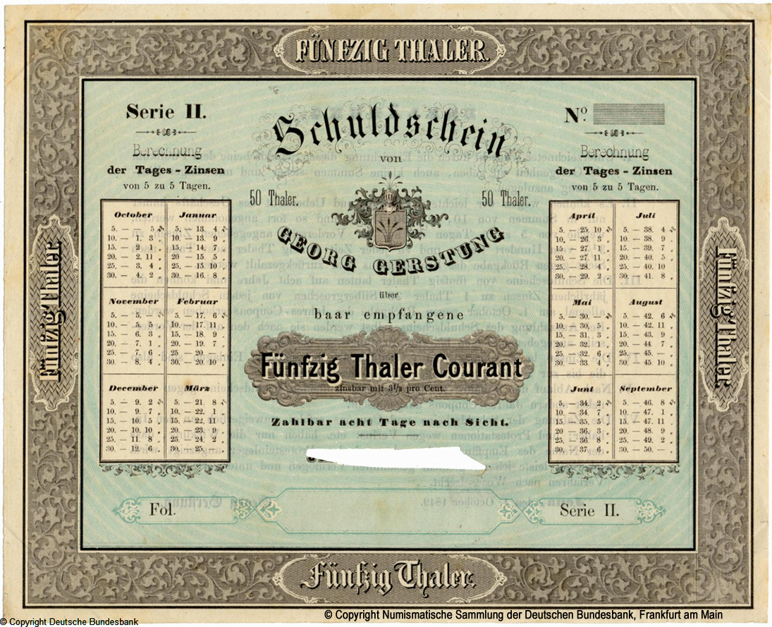 Georg Gerstung - Jena / Schuldschein 50 Taler 01.10.1849 