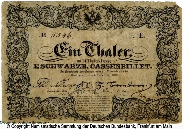 Staatsministerium Fürstentum Schwarzburg-Rudolstadt 1 Thaler 1848 Lit. E