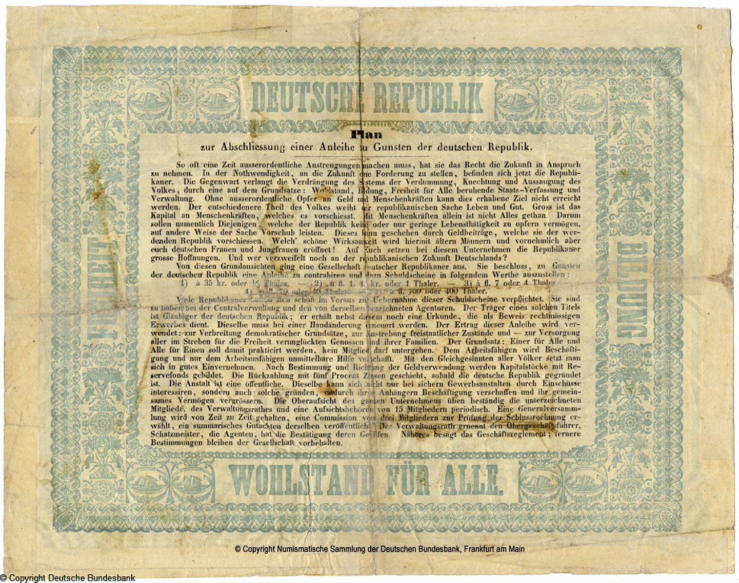 Gesellschaft deutscher Republikaner in der Schweiz Schuldschein 1,45 Gulden oder 1 Taler /01.11.1848