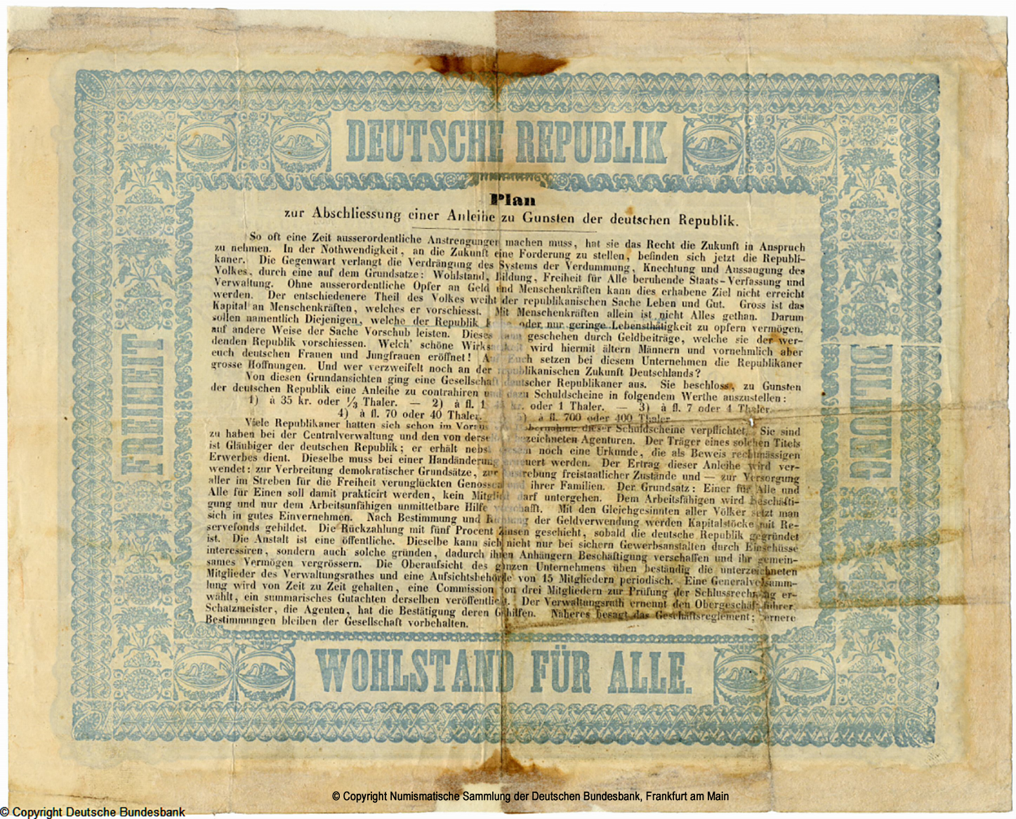Gesellschaft deutscher Republikaner in der Schweiz Schuldschein 7 Gulden oder 4 Taler /01.11.1848