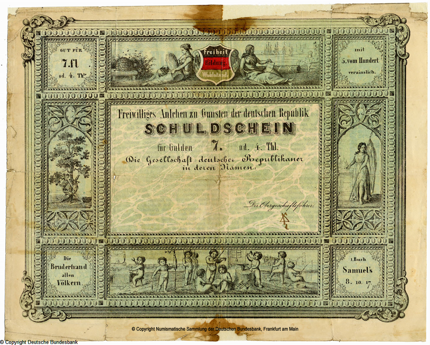 Gesellschaft deutscher Republikaner in der Schweiz Schuldschein 7 Gulden oder 4 Taler /01.11.1848