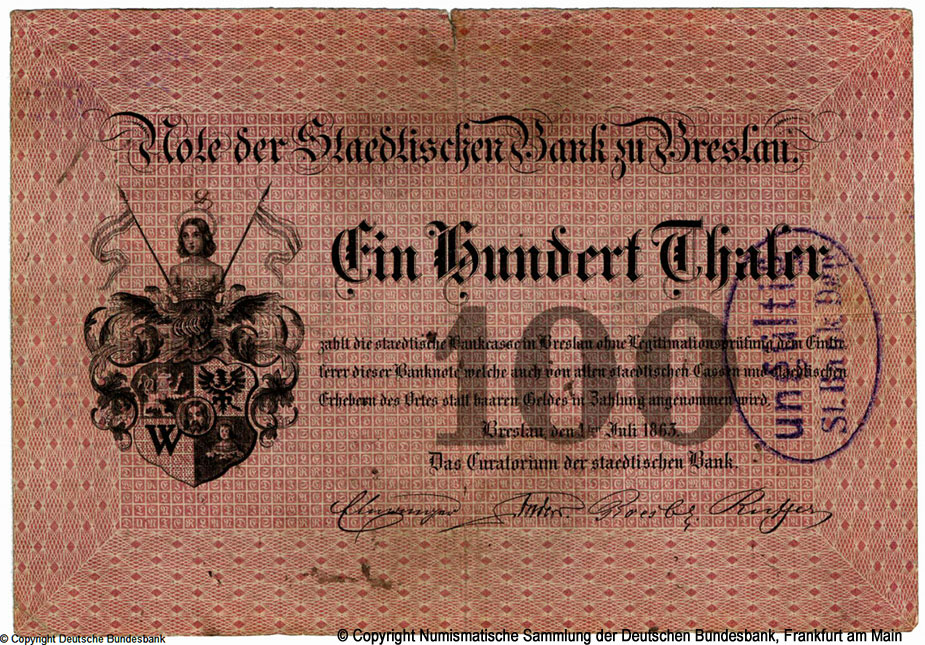 Städtische Bank zu Breslau 100 Thaler 1863