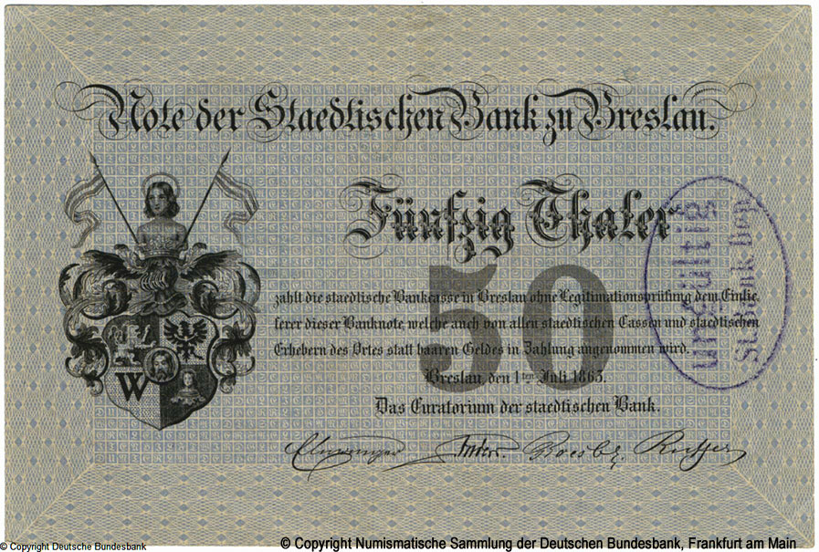 Städtische Bank zu Breslau 50 Thaler 1863