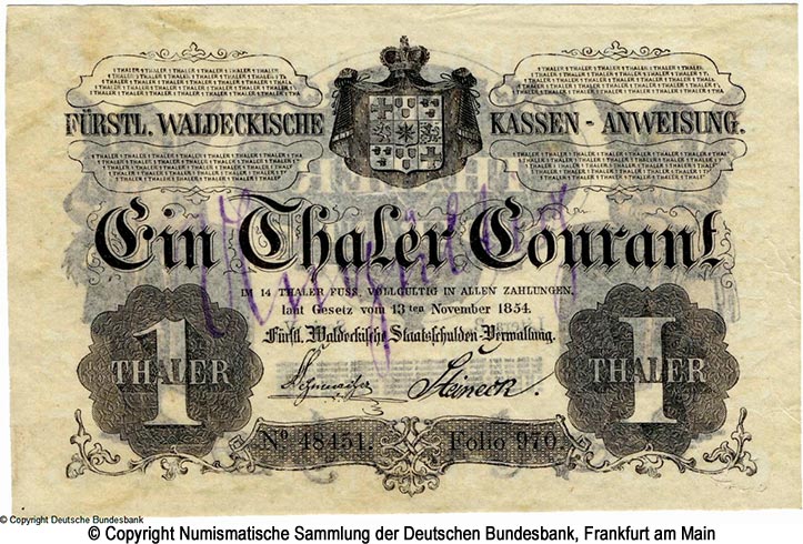  Fürstentum Waldeck-Pyrmont  Staatsschulden-Verwaltung 1 Thaler 1854