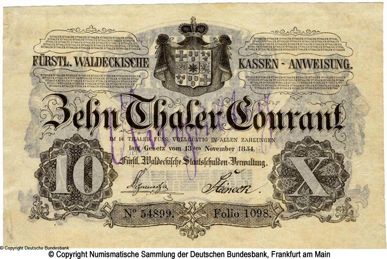  Fürstentum Waldeck-Pyrmont  Staatsschulden-Verwaltung 1 Thaler 1854
