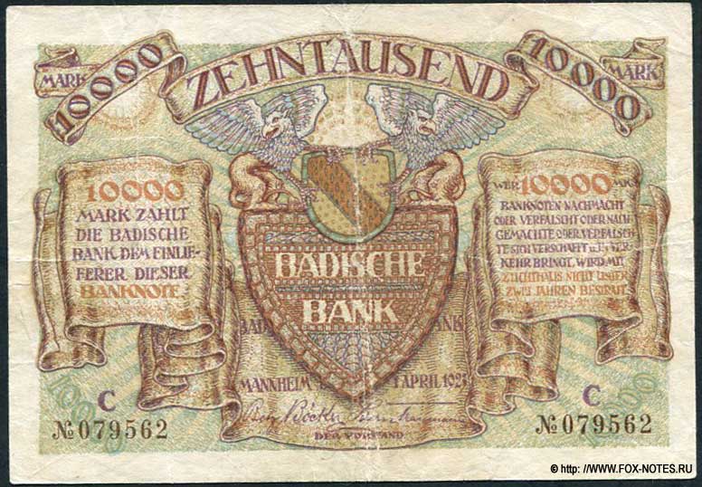 Badische Bank Banknote. 10000 Mark. 1. April 1923.