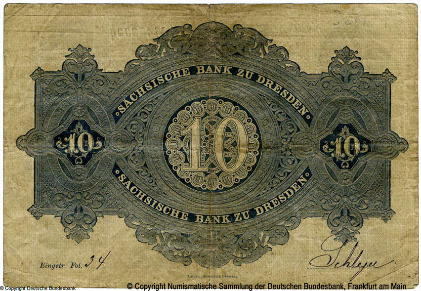 Sächsischen Bank zu Dresden Banknote. 10 Thaler Dresden den 15. Januar 1866.