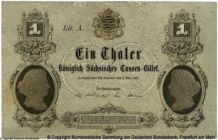Königlich Sachsische Cassenbilet. 1 Thaler 1867