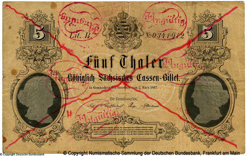 Königlich Sachsische Cassenbilet. 5 Thaler 1867
