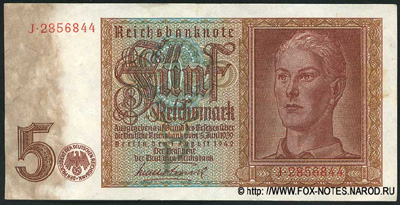 Reichsbank. Reichsbanknote. 5 Reichsmark. 1. August 1942. 