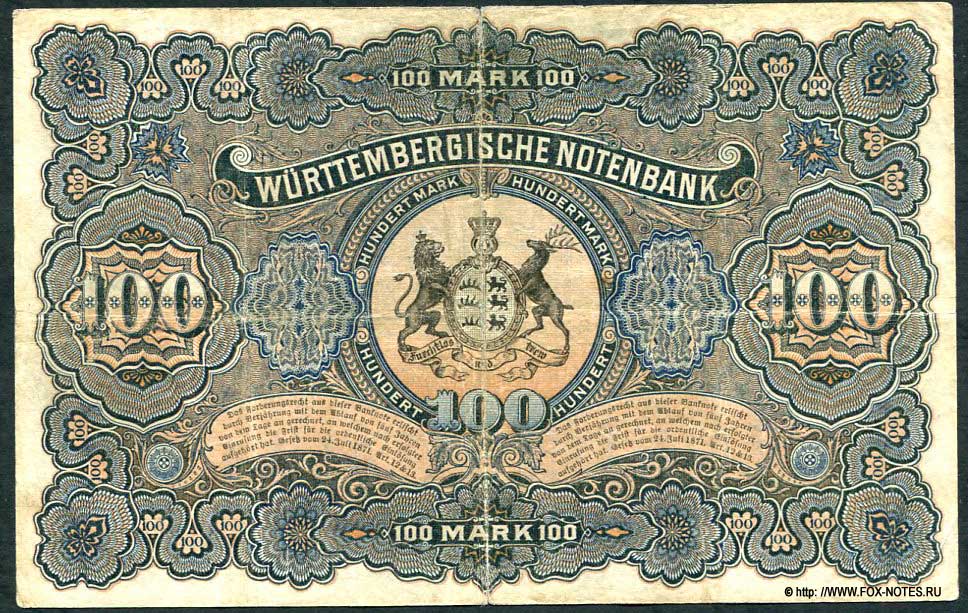 Württembergische Notenbank 100 Mark 1911  Koerper-Lotter 