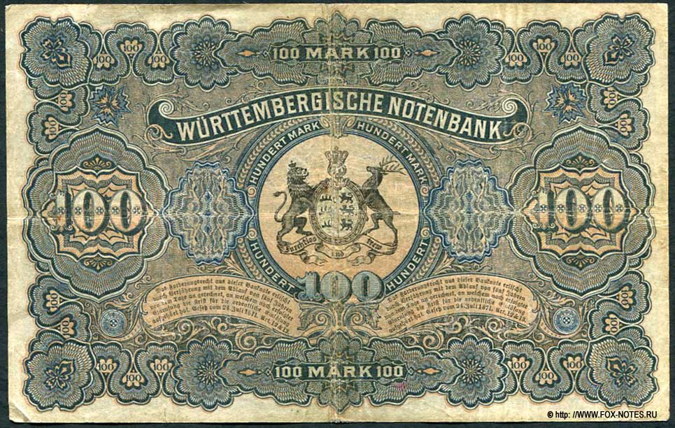 Württembergische Notenbank 100 Mark 1911  Koerper-Steinhäuser