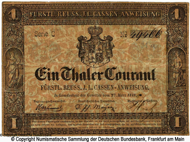 Fürstentum Reuß, jüngere Linie Steuerkassen 1 Thaler 1849