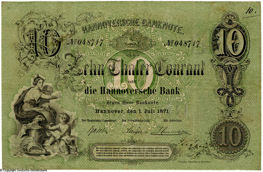 Hannoverische Bank Banknote. 10 Thaler 1. Juli 1871.