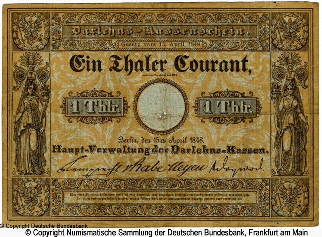 Hauptverwaltung der Darlehnskassen 1 Thaler Courant 1848 Ser. 40