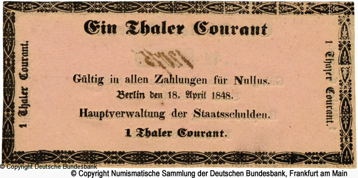 Hauptverwaltung der Staatsschulden Berlin 1 Taler 18.04.1848.