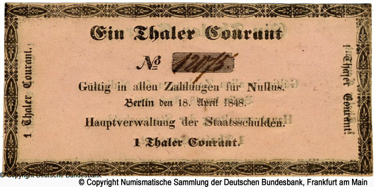 Hauptverwaltung der Staatsschulden Berlin 1 Taler 18.04.1848.