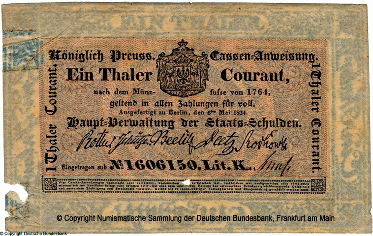 Königreich Preußen Hauptverwaltung der Staatsschulden 1 Thaler 1824 1606150