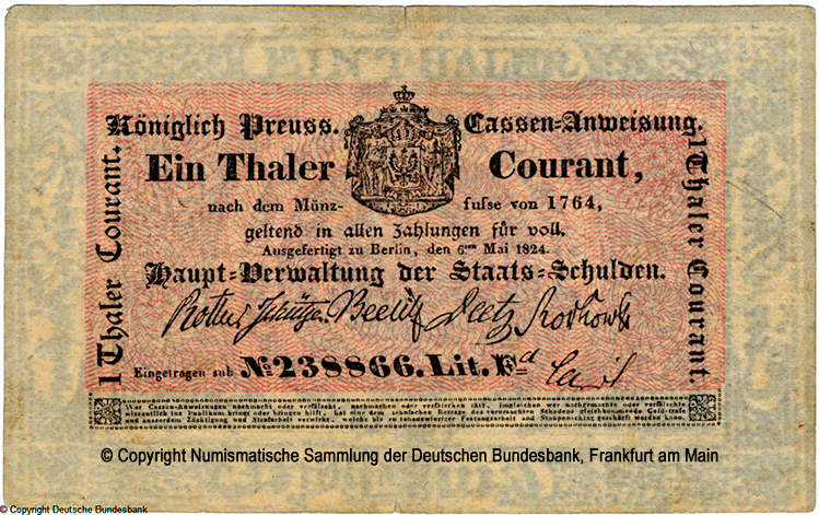  Königreich Preußen Hauptverwaltung der Staatsschulden 1 Thaler 1824 238866