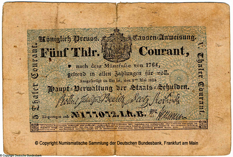  Königreich Preußen Hauptverwaltung der Staatsschulden 5 Thaler Courant 1824