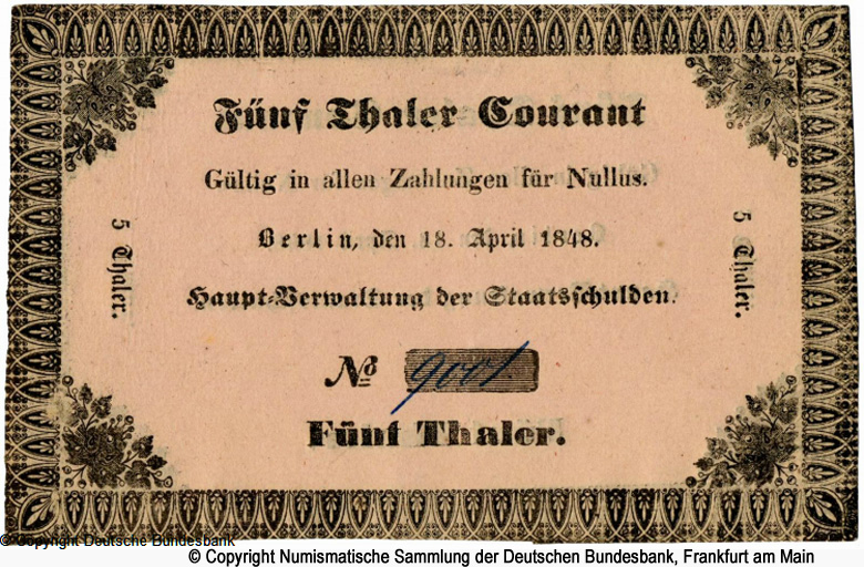 Hauptverwaltung der Staatsschulden Berlin 5 Taler 18.04.1848.