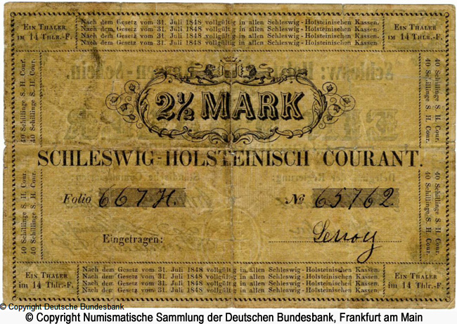Schleswig-Holstein Kassenscheine  1 Thaler 1848