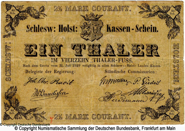 Schleswig-Holstein Kassenscheine  1 Thaler 1848