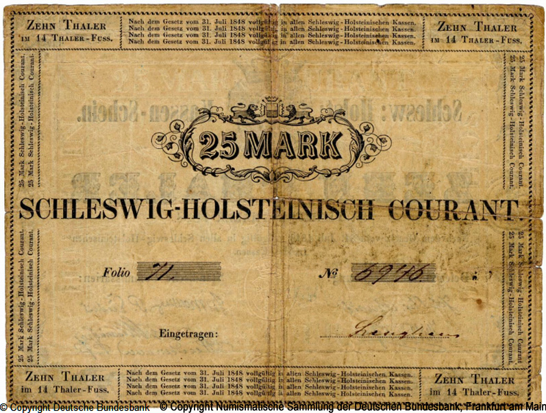 Schleswig-Holstein Kassenscheine  10 Thaler 1848