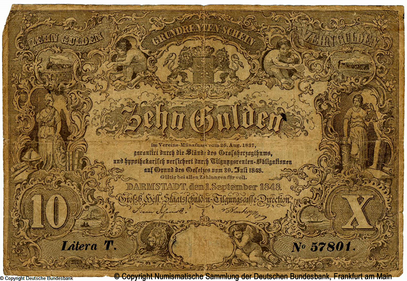 Großherzogtum Hessen-Darmstadt Großherzogliche Hessische Staatsschulden-Tilgungskasse 10 Thaler 1848